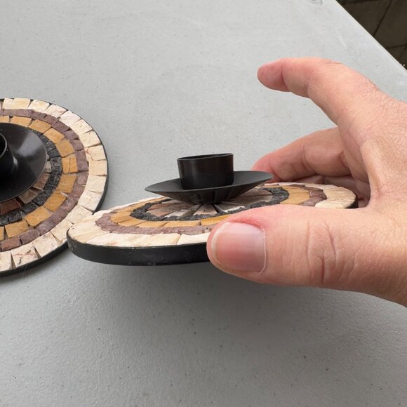 Vintage Mosaic Candle Sticks Black Metal Natural stone Made in Israel - Picture 3 of 8